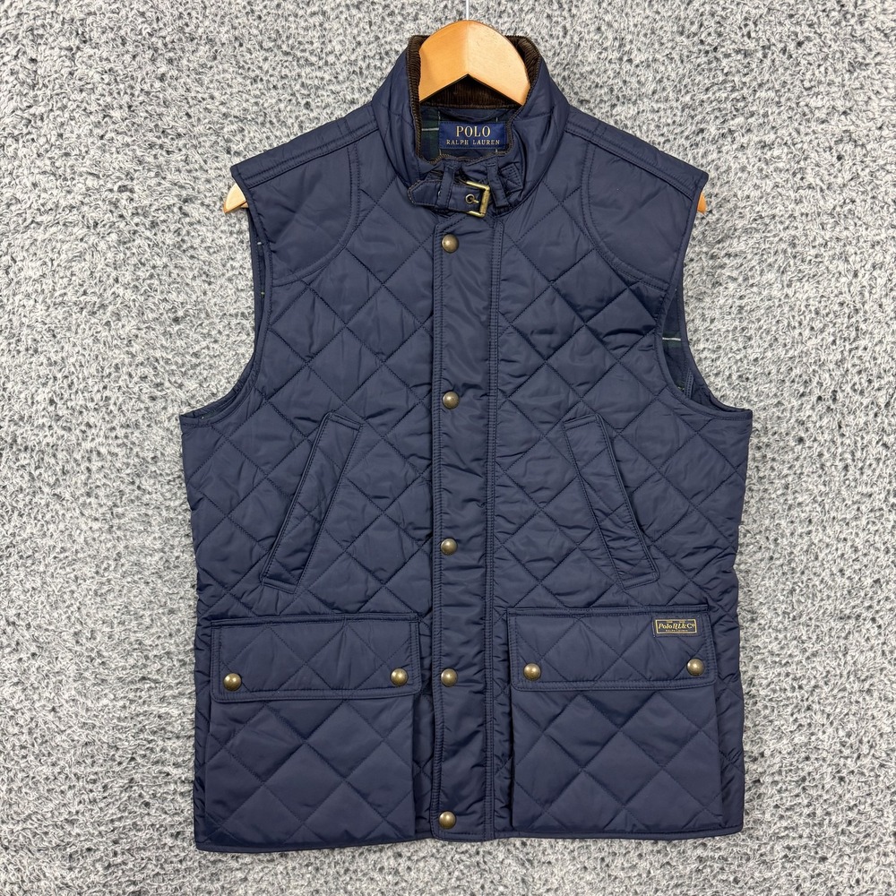 Polo Ralph Lauren Vest Mens Medium Blue Quilted Corduroy Collar Talon Zip Equine